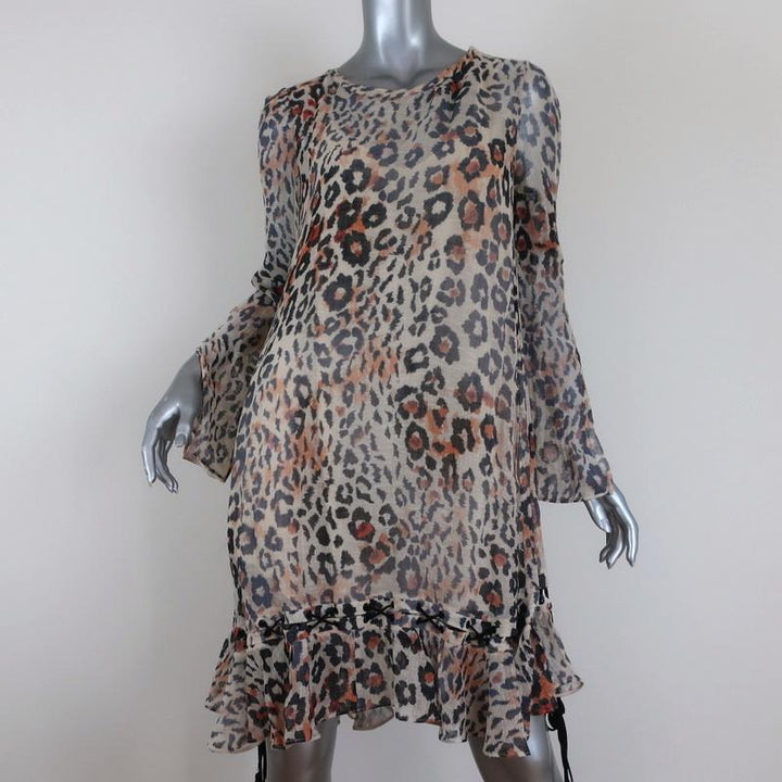 Chloe Dress Leopard Print Gauze Size 34 Long Sleeve Lace-Up Ruffled Hem - Celebrity Owned