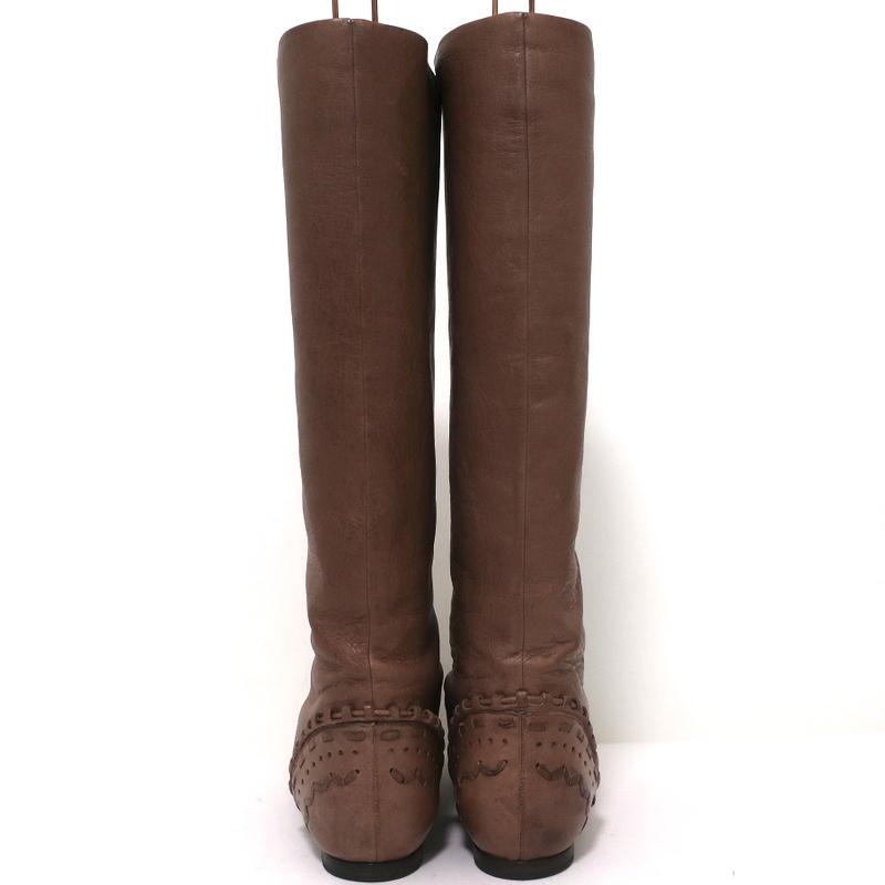 Chloe Knee High Flat Boots Brown Leather Size 38.5 Embellished Heel - Celebrity Owned