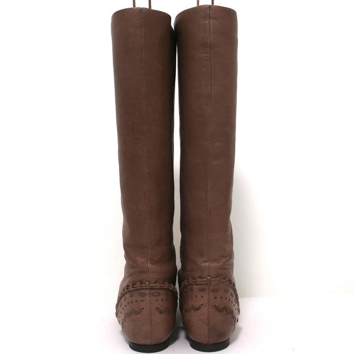 Chloe Knee High Flat Boots Brown Leather Size 38.5 Embellished Heel - Celebrity Owned