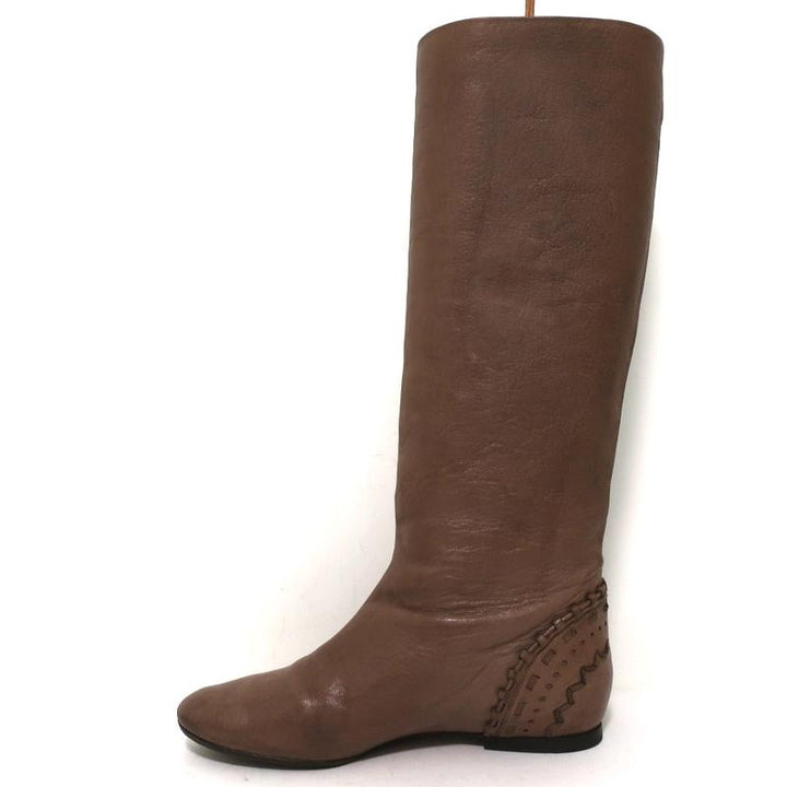 Chloe Knee High Flat Boots Brown Leather Size 38.5 Embellished Heel - Celebrity Owned