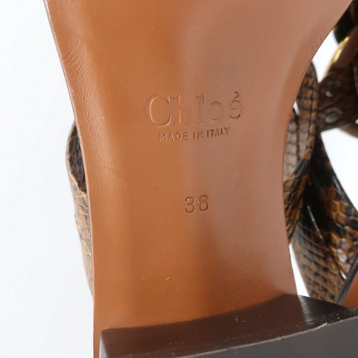 Chloe Mules Rony Brown Snake-Effect Leather Size 38 Mid-Heel Sandals NEW - Celebrity Owned