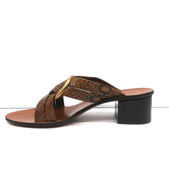 Chloe Mules Rony Brown Snake-Effect Leather Size 38 Mid-Heel Sandals NEW - Celebrity Owned