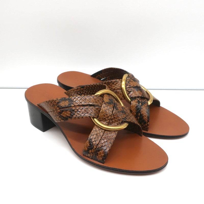 Chloe Mules Rony Brown Snake-Effect Leather Size 38 Mid-Heel Sandals NEW - Celebrity Owned