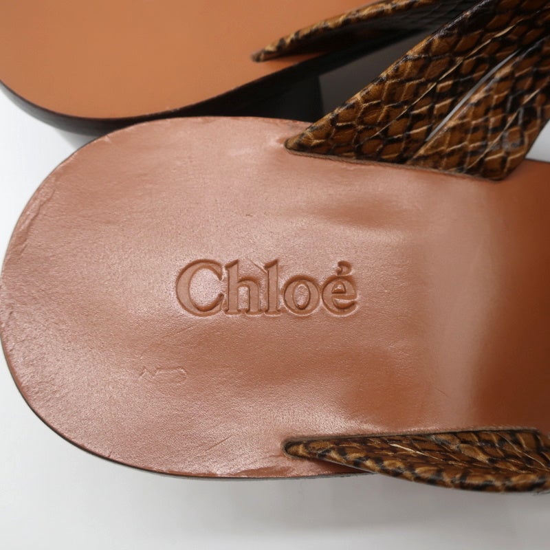 Chloe Mules Rony Brown Snake-Effect Leather Size 38 Mid-Heel Sandals NEW - Celebrity Owned