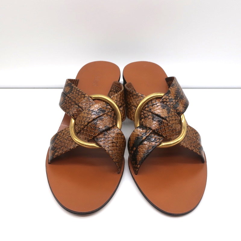Chloe Mules Rony Brown Snake-Effect Leather Size 38 Mid-Heel Sandals NEW - Celebrity Owned