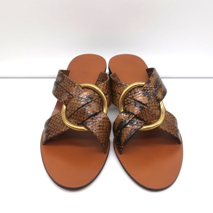 Chloe Mules Rony Brown Snake-Effect Leather Size 38 Mid-Heel Sandals NEW - Celebrity Owned