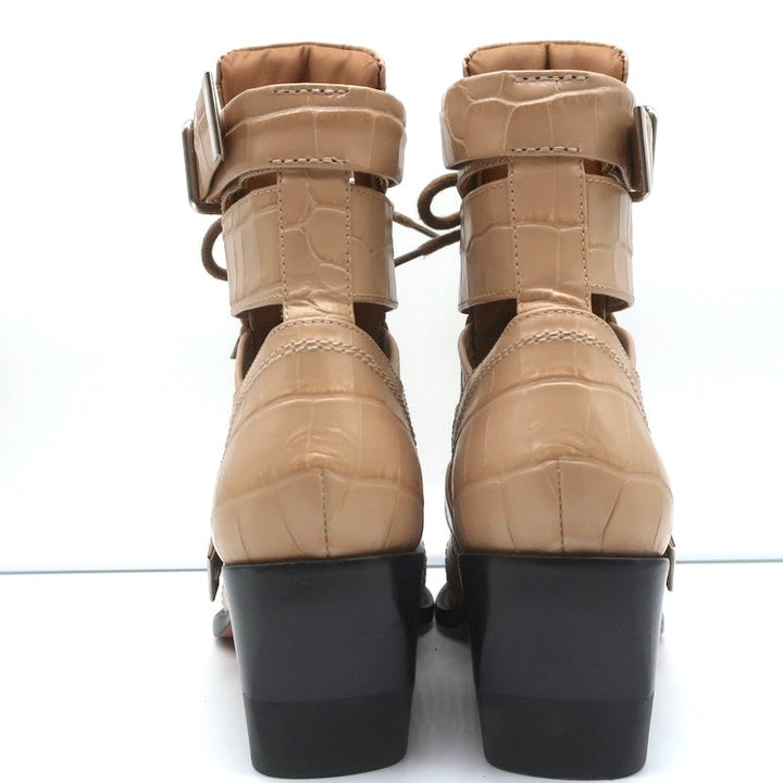 Chloe Rylee Cutout Lace-Up Ankle Boots Beige Croc-Effect Leather Size 38.5 - Celebrity Owned