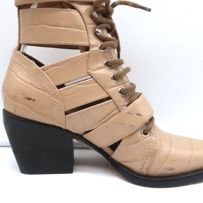 Chloe Rylee Cutout Lace-Up Ankle Boots Beige Croc-Effect Leather Size 38.5 - Celebrity Owned