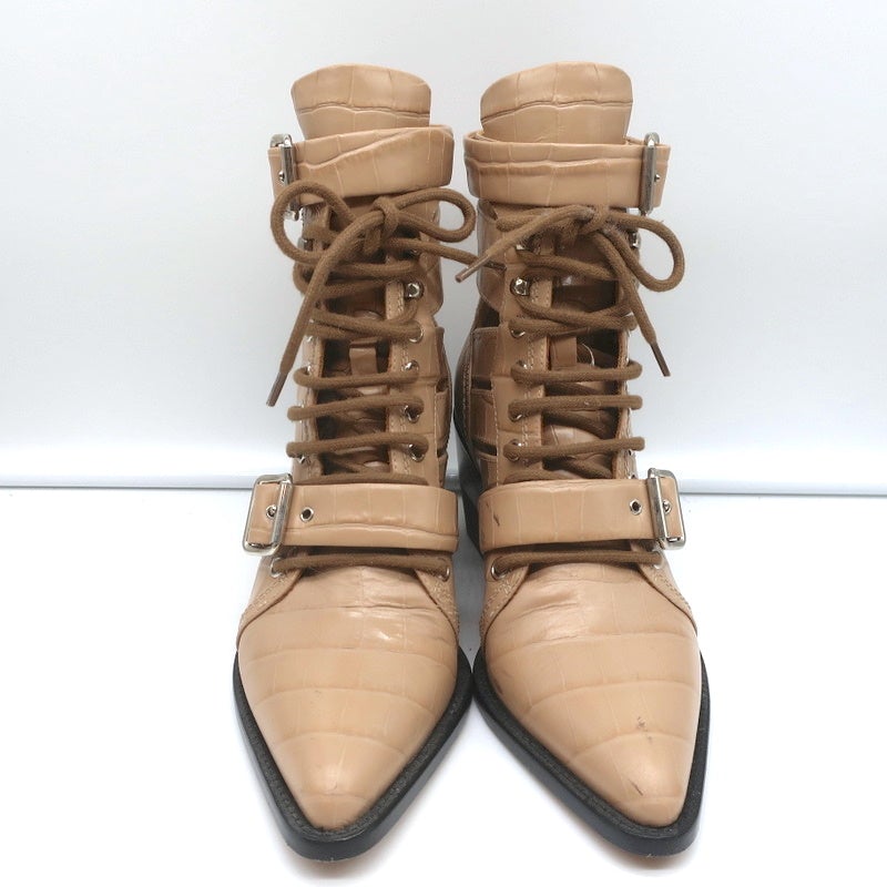 Chloe Rylee Cutout Lace-Up Ankle Boots Beige Croc-Effect Leather Size 38.5 - Celebrity Owned