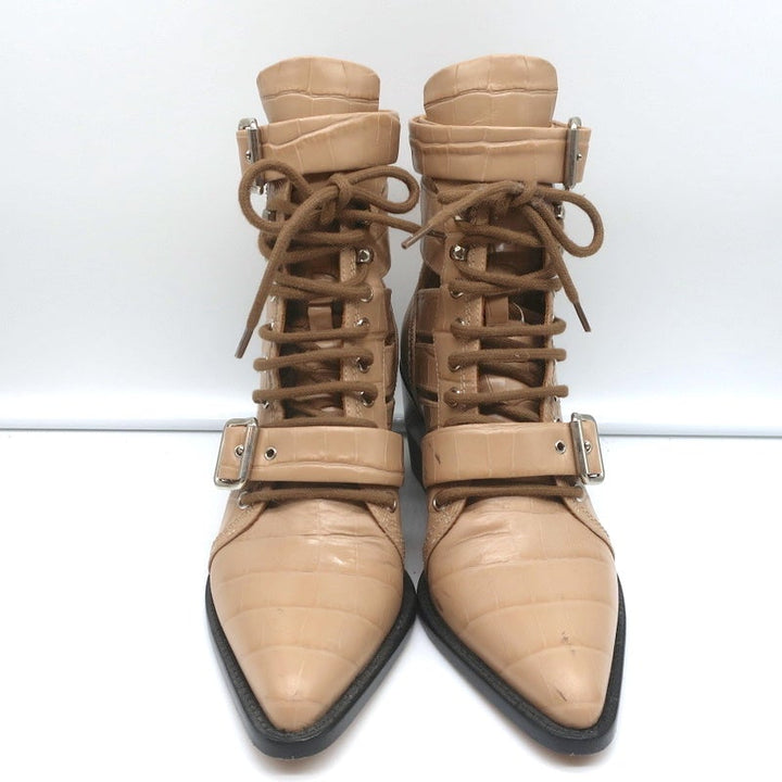 Chloe Rylee Cutout Lace-Up Ankle Boots Beige Croc-Effect Leather Size 38.5 - Celebrity Owned
