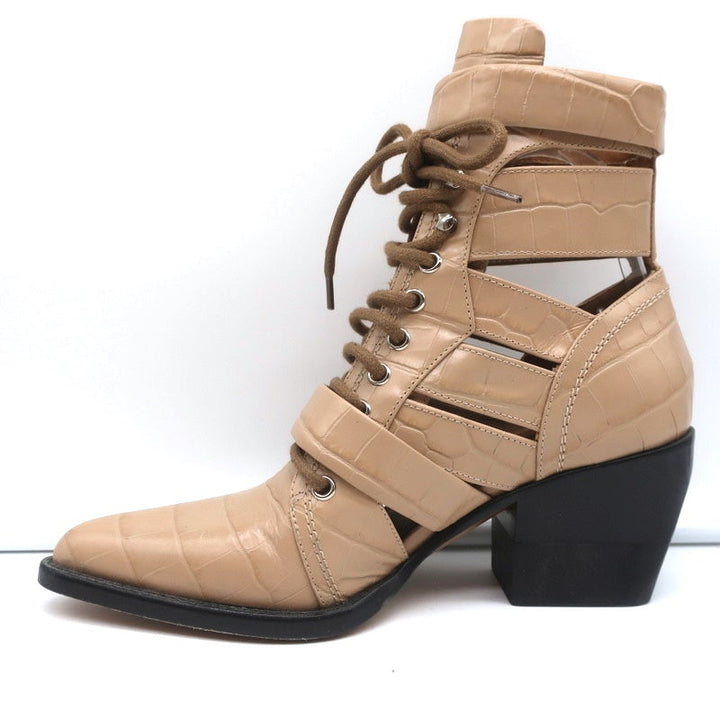 Chloe Rylee Cutout Lace-Up Ankle Boots Beige Croc-Effect Leather Size 38.5 - Celebrity Owned