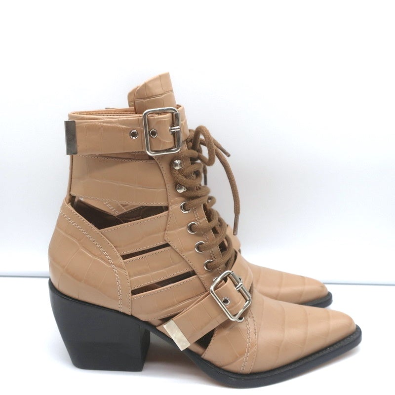 Chloe Rylee Cutout Lace-Up Ankle Boots Beige Croc-Effect Leather Size 38.5 - Celebrity Owned