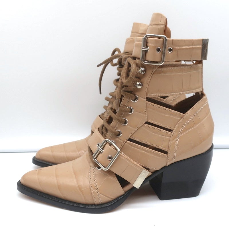 Chloe Rylee Cutout Lace-Up Ankle Boots Beige Croc-Effect Leather Size 38.5 - Celebrity Owned
