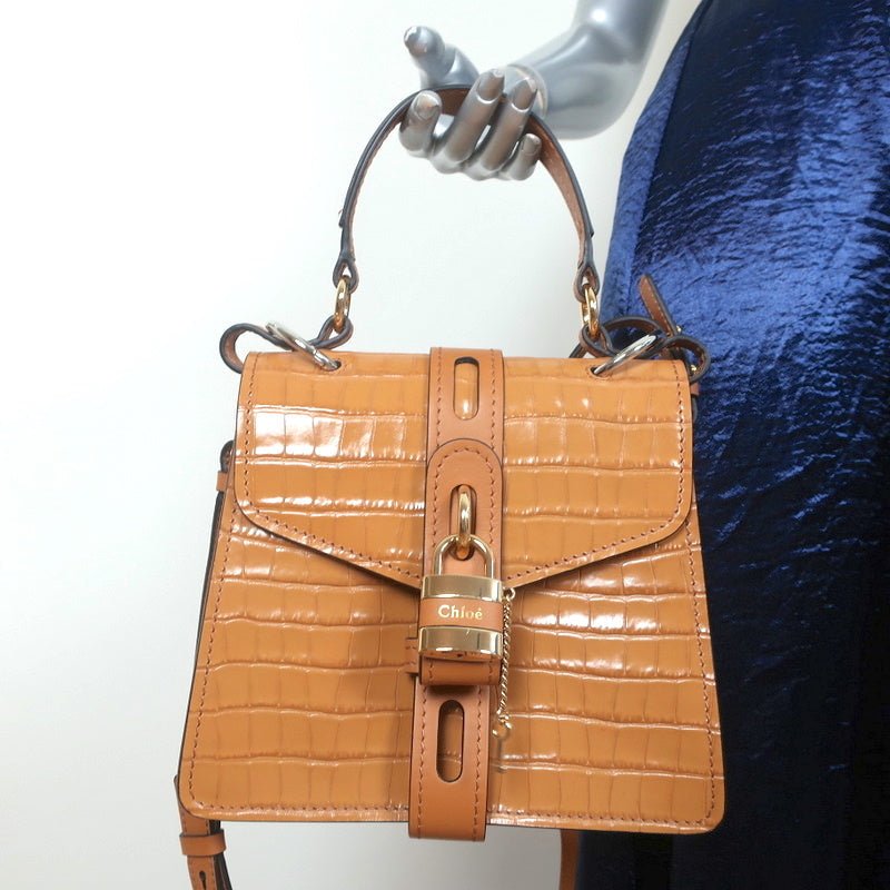 Chloe Small Aby Day Bag Autumnal Brown Croc-Embossed Leather Crossbody Tote NEW - Celebrity Owned