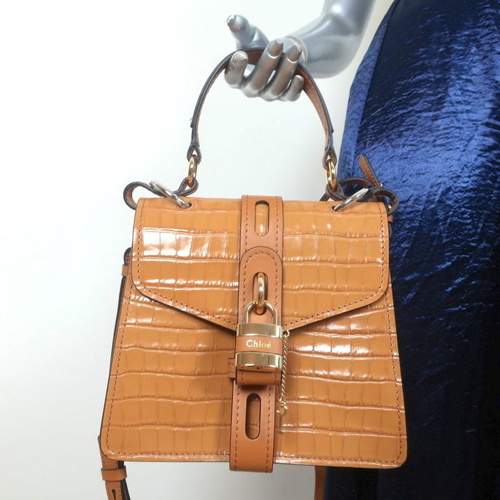 Chloe Small Aby Day Bag Autumnal Brown Croc-Embossed Leather Crossbody Tote NEW - Celebrity Owned