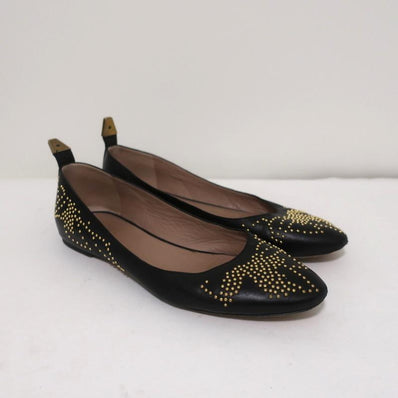 Chloe Suzanna Studded Ballet Flats Black Leather Size 38 Pointed Toe - Celebrity Owned