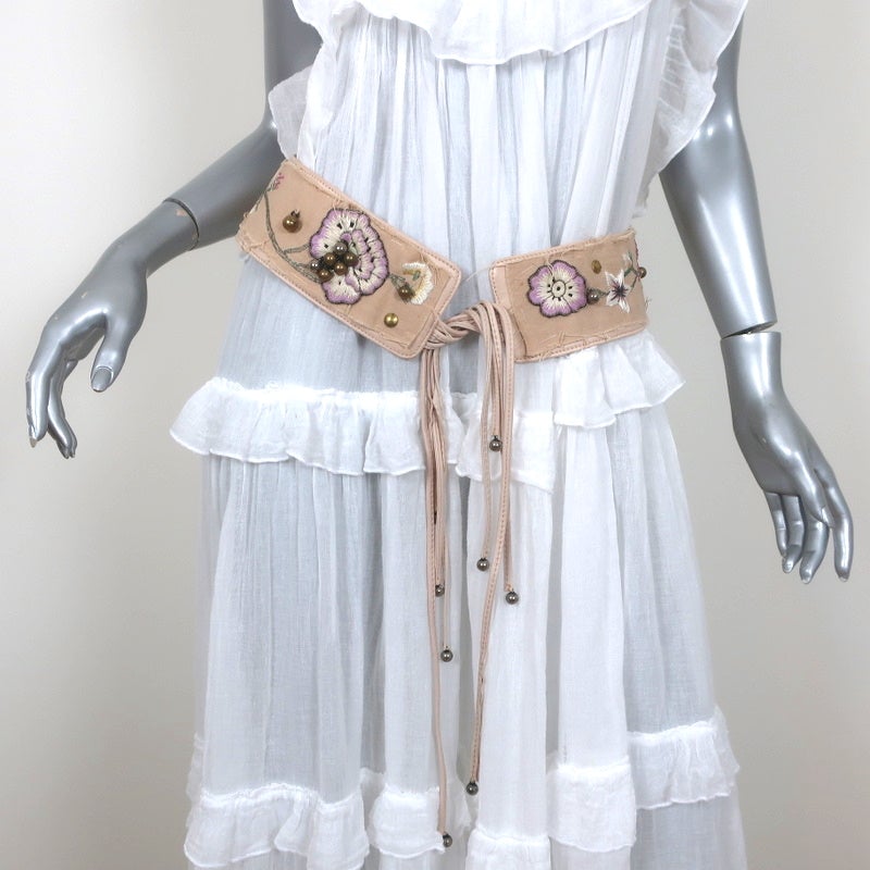 Chloe Tie-Front Wide Belt Floral Embroidered Light Pink Leather Size 80 US 32 - Celebrity Owned