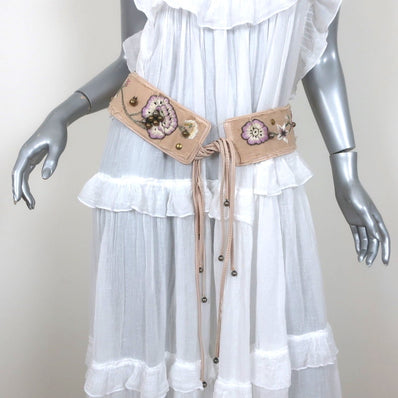 Chloe Tie-Front Wide Belt Floral Embroidered Light Pink Leather Size 80 US 32 - Celebrity Owned