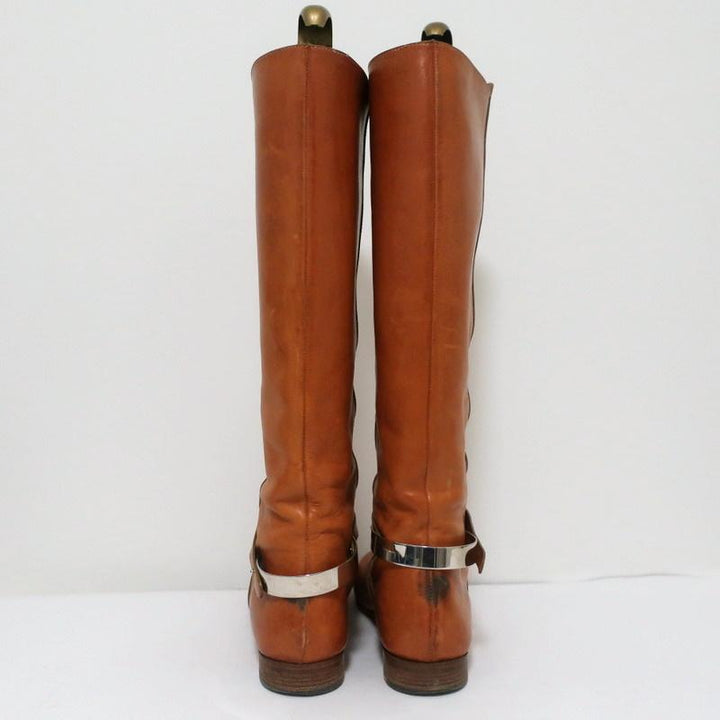 Chloe Tucson Riding Boots Brown Leather and Metal Size 39 Knee High Flat Boots - Celebrity Owned