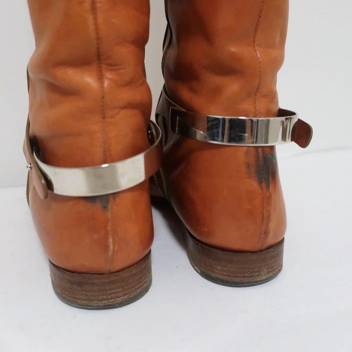 Chloe Tucson Riding Boots Brown Leather and Metal Size 39 Knee High Flat Boots - Celebrity Owned