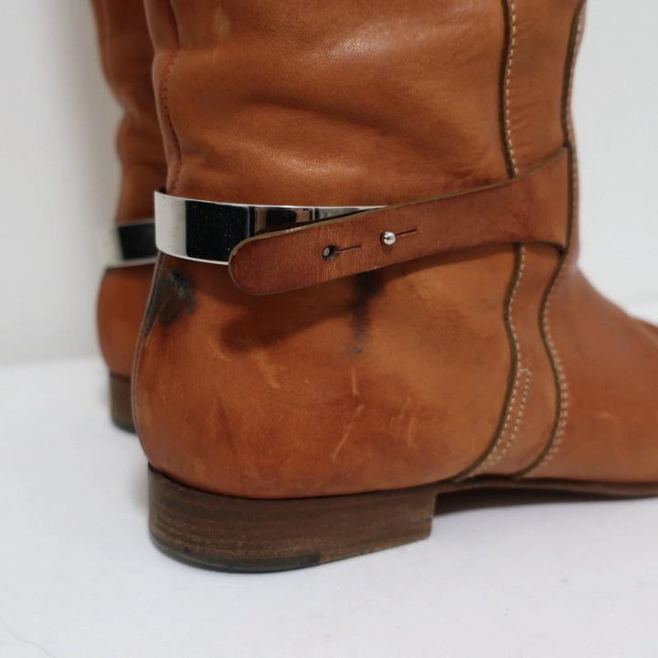 Chloe Tucson Riding Boots Brown Leather and Metal Size 39 Knee High Flat Boots - Celebrity Owned