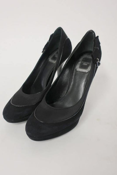Christian Dior D Charm Pump Black Suede & Satin Size 37 Platform Heel - Celebrity Owned