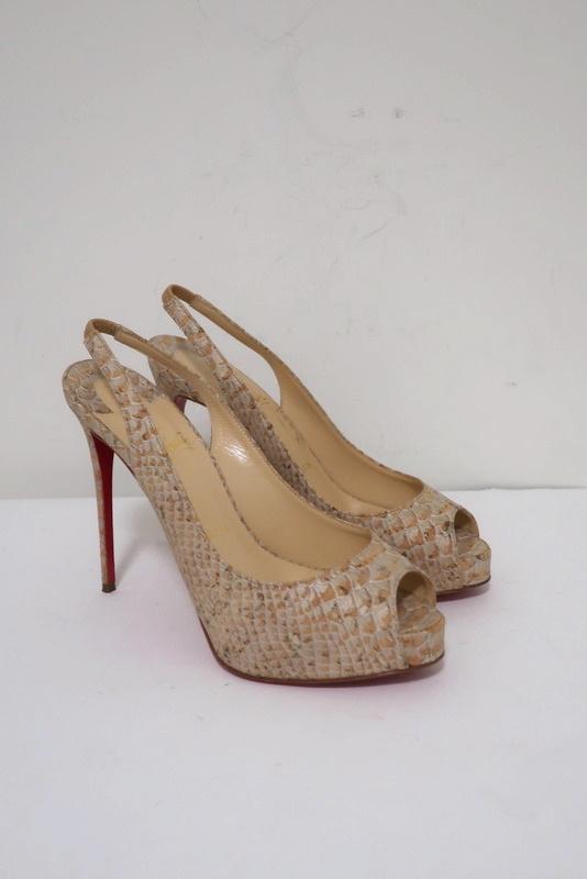Christian Louboutin No Prive 120 Slingback Pumps Snake-Print Cork Size 36.5 - Celebrity Owned