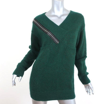 Christopher Kane Zip Sweater Emerald Crystal-Embellished Knit Size Extra Small - Celebrity Owned