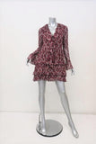Cinq a Sept Dress Jasmine Red Printed Chiffon Size Extra Long Sleeve Tiered Mini - Celebrity Owned