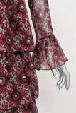 Cinq a Sept Dress Jasmine Red Printed Chiffon Size Extra Long Sleeve Tiered Mini - Celebrity Owned