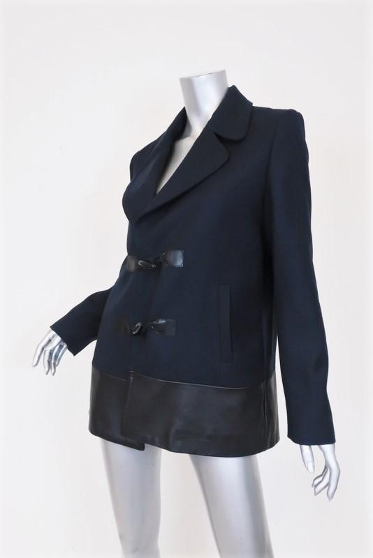 Claudie Pierlot Peacoat Navy Wool Twill &amp; Black Leather Size 38 Toggle Jacket - Celebrity Owned