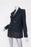 Claudie Pierlot Peacoat Navy Wool Twill & Black Leather Size 38 Toggle Jacket - Celebrity Owned