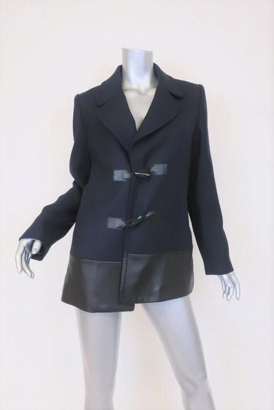 Claudie Pierlot Peacoat Navy Wool Twill & Black Leather Size 38 Toggle Jacket - Celebrity Owned