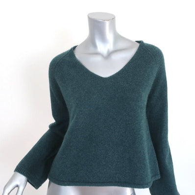 Co Cashmere V-Neck Sweater Teal Size Medium Bell Sleeve Pullover - Celebrity Owned