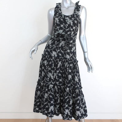 Co Tiered Midi Dress Black Floral Print Ruffled Gabardine Size Extra Small - Celebrity Owned