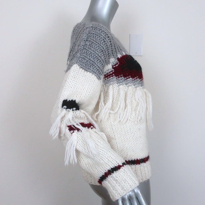 Current/Elliott Fringe Sweater Rosemary Cream/Gray Intarsia Knit Size 0 - Celebrity Owned