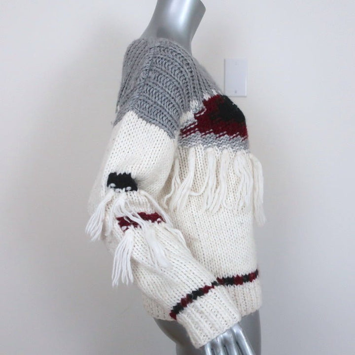 Current/Elliott Fringe Sweater Rosemary Cream/Gray Intarsia Knit Size 0 - Celebrity Owned