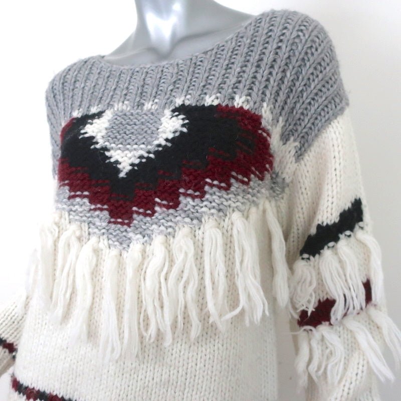 Current/Elliott Fringe Sweater Rosemary Cream/Gray Intarsia Knit Size 0 - Celebrity Owned