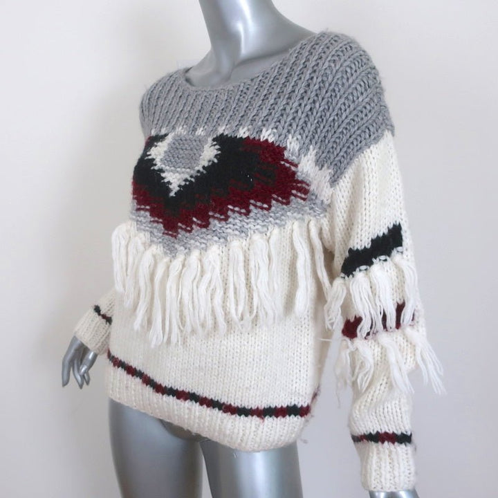 Current/Elliott Fringe Sweater Rosemary Cream/Gray Intarsia Knit Size 0 - Celebrity Owned