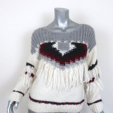 Current/Elliott Fringe Sweater Rosemary Cream/Gray Intarsia Knit Size 0 - Celebrity Owned