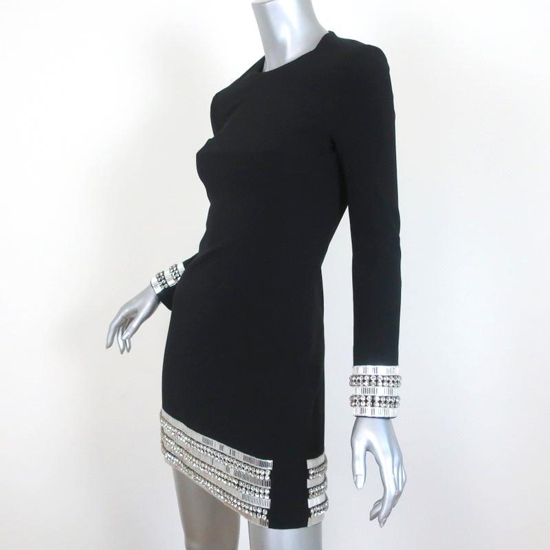 David Koma Mini Dress Black Crystal-Embellished Crepe Size 0 Long Sleeve - Celebrity Owned