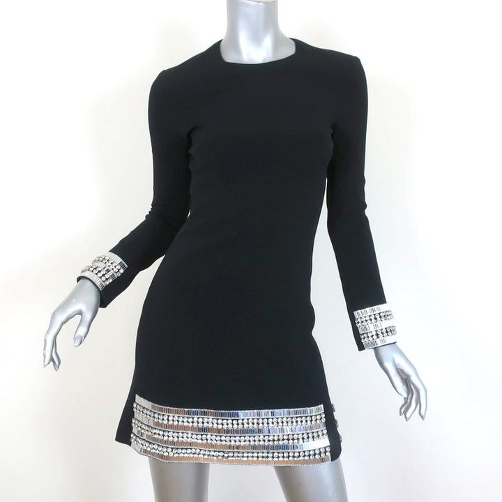 David Koma Mini Dress Black Crystal-Embellished Crepe Size 0 Long Sleeve - Celebrity Owned
