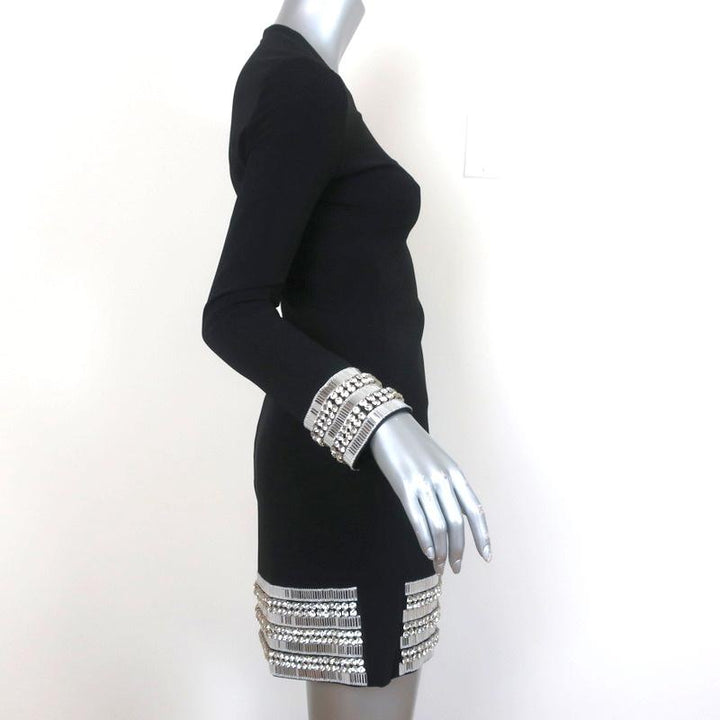 David Koma Mini Dress Black Crystal-Embellished Crepe Size 0 Long Sleeve - Celebrity Owned