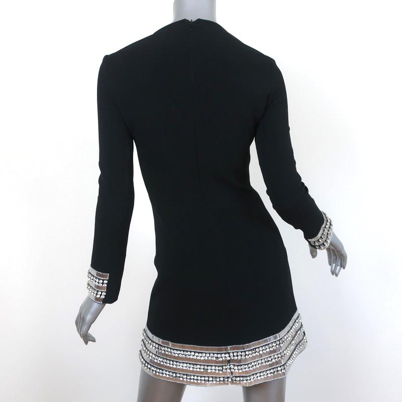 David Koma Mini Dress Black Crystal-Embellished Crepe Size 0 Long Sleeve - Celebrity Owned