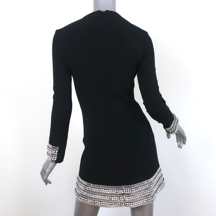 David Koma Mini Dress Black Crystal-Embellished Crepe Size 0 Long Sleeve - Celebrity Owned