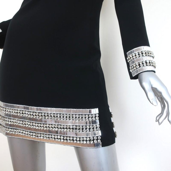 David Koma Mini Dress Black Crystal-Embellished Crepe Size 0 Long Sleeve - Celebrity Owned