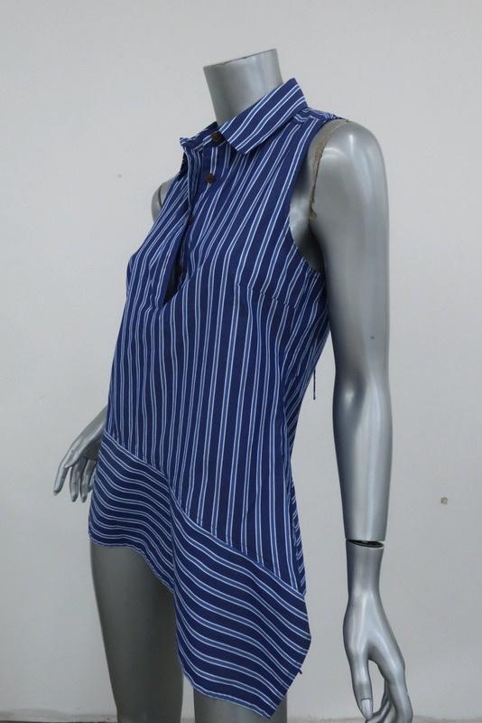 Derek Lam 10 Crosby Asymmetrical Sleeveless Shirt Blue Striped Cotton Size 4 - Celebrity Owned