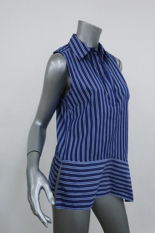 Derek Lam 10 Crosby Asymmetrical Sleeveless Shirt Blue Striped Cotton Size 4 - Celebrity Owned