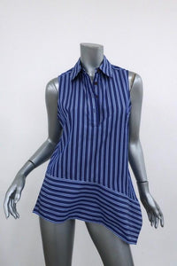 Derek Lam 10 Crosby Asymmetrical Sleeveless Shirt Blue Striped Cotton Size 4 - Celebrity Owned