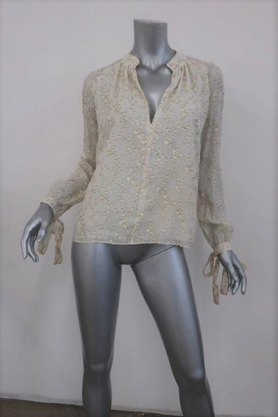 Derek Lam 10 Crosby Blouse Cream/Gold Metallic Fil Coupe Size 2 Tie-Sleeve Top - Celebrity Owned